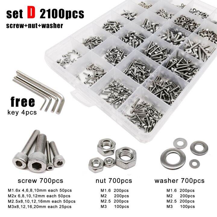 400-2100-buah-m1-6-m2-m2-5-m3-m4-m5-304-baja-tahan-karat-allen-hexagon-soket-cap-kepala-sekrup-baut-mur-washer-set-bermacam-macam-kit