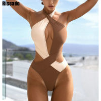 【CW】Riseado y Cut Out Swimsuit Woman Colorblock Swimwear 2022 Wrap Halter Monokini High Cut Bathing Suit Women Bodysuit