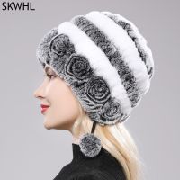 【YD】 Hot Sale Flowers Striped Real Rex Fur Hats Warm Knit Caps Russian Outdoor