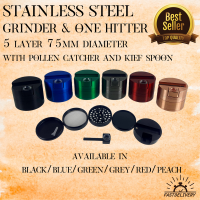 CR1 ที่บดสุมนไพร เครื่องบด บดสมุนไพร ที่บดสมุนไพร เครื่องบดสมุนไพร Stainless Steel Grinder &amp; One Hitter 5 Layer 75 mm Diameter with Pollen Catcher and Kief Spoon   สินค้าพร้อมจัดส่ง