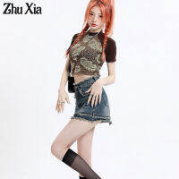 Zhu Xia  จือเซียเครื่องเทศผู้หญิงสไตล์อเมริกันเอวสูงกระโปรงเดนิมขอบดิบ