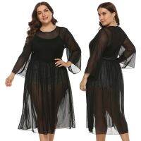 [COD] Self-portrait model European and best-selling fashion solid round neck see-through mesh plus size womens dress 1419