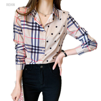 REHIN เสื้อเชิ้ตแขนยาวลายสก๊อตสำหรับผู้หญิง,เสื้อเบลาส์สตรีเสื้อเวอร์ชันเกาหลีรุ่นใหม่สำหรับฤดูใบไม้ร่วง