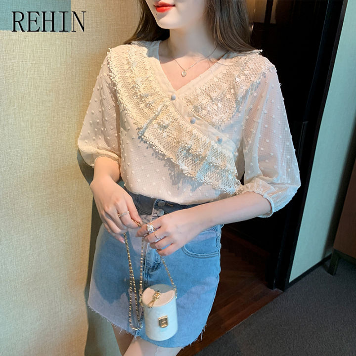 rehin-เสื้อเชิ๊ตผู้หญิงคอวี-เสื้อเชิ๊ตผู้หญิงผ้าชีฟองคอวีลูกไม้ฝรั่งเศสการออกแบบแฟชั่นใหม่ฤดูร้อน