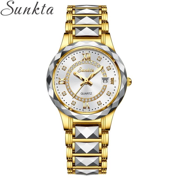 sunkta-นาฬิกาผู้หญิงหรูหรากระจกประดับพลอยไพลินวัสดุเหล็กทังสเตนกันน้ำนาฬิกาเพชรนาฬิกาผู้หญิงนาฬิกา-relogio-feminino