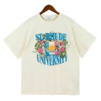 2023NewHigh Street ฤดูร้อน Sablon Bunga ทรายคู่ผ้า Cal หลวมลูกเรือ Crewneck ผู้ชายและผู้หญิงคู่แขนสั้นเสื้อยืด