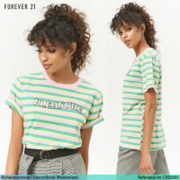 USED Forever 21 - Pink Green Letter Striped T-Shirt | เสื้อยืดสีชมพู สีเขียว ลายทาง ลายกราฟฟิก แขนสั้น คอกลม วินเทจ สายฝอ แท้ มือสอง