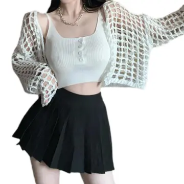 Women's Mesh Crochet Crop Top Knit Long Sleeve Hollow Out Shrug