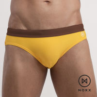 Noxx Swim Briefs: กางเกงว่ายน้ำชาย ทรงบรีฟ สีเหลือง ขอบเอวน้ำตาล