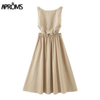 Aproms Elegant Cotton Linen Midi Dress Women  Summer Fashion Sundresses Lady Casual Backless Crossover Basic A-line Dresses