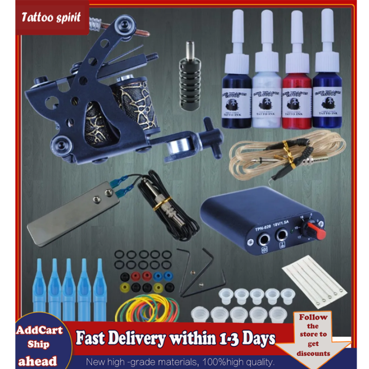 Beginner Complete Tattoo Machine Kit Power Supply Grips Body Art Tools