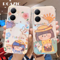 ROAZIC สำหรับ VIVO Y78 5G เคสโทรศัพท์พลอยเทียมสีฟ้าสวยดอกไม้น่ารักแสงแดดยางฝาหลังกันการตกปลอกอ่อน