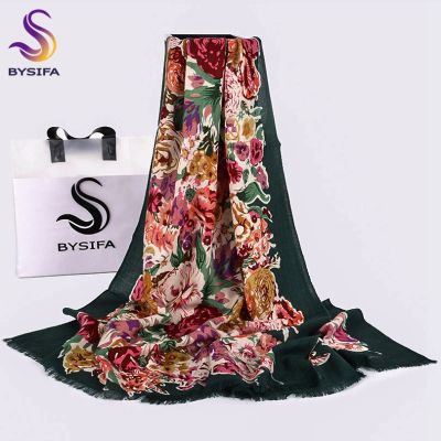 BYSIFA ผ้าคลุมไหล่ผ้าพันคอสีเขียวผู้หญิง,ผ้าพันคอขนแกะ100% ผ้าพันคอ Pashmina พีโอนีจีนใหม่ฮิญาบผ้าพันคอฤดูใบไม้ผลิฤดูใบไม้ร่วงผู้หญิงแบรนด์