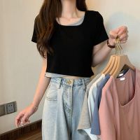 △✤☾ 2023 early spring and summer new sweet and spicy top design niche fake two-piece short-sleeved T-shirt for women