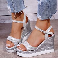 Cross-border new summer big yards Roman round head flat wedge diamond fish mouth sandals women