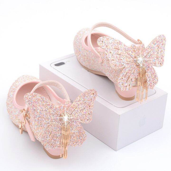 new-kids-leather-shoes-fashion-fringed-butterfly-knot-girls-princess-shoes-casual-glitter-children-high-heel-student-dance-shoes