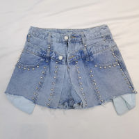 2021[IEQJ] 2021 Spring autumn New Patter Denim Patchwork Fake Two Piece Heavy Work Beaded Edge High Waist Loose Shorts AG02605XL