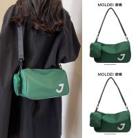 Summer large-capacity commuter messenger green nylon canvas bag female 2023 new trendy casual one-shoulder pillow bag 【QYUE】