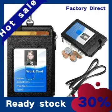 Badge Holder with Zipper, PU Leather ID Badge Card Holder Wallet with 5 Card Slots, 1 Side RFID Blocking Pocket and 20 inch Neck Lanyard Strap for