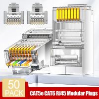 50/1ชิ้นตัวเชื่อมต่อ Cat5e CAT6 RJ45เครือข่ายอีเทอร์เน็ตโปร่งใสหัวคริสตัลแบบไม่หุ้มฉนวนหัวเชื่อมต่อสายเคเบิลเครือข่าย