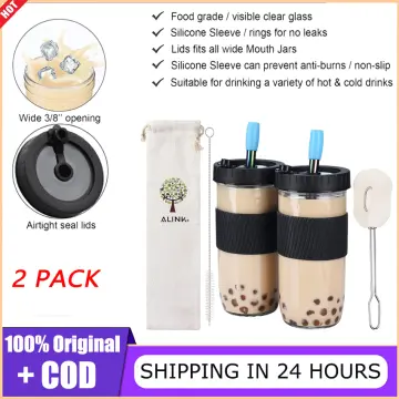 4 Pack Wide Mouth Mason Jars 24oz Drinking Glasses Mason Jar Cups with Bamboo  Lids Black Silicone Sleeve Covers and Black Straws Reusable Smoothie Cups Tumbler  for Coffee Boba Milk Tea Juice