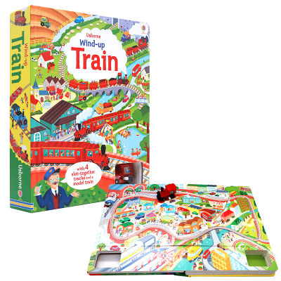 Pre sale of imported English original wind up train wind up small train rail car Book Educational Childrens toys rainbow balloon Usborne series parent-child interactive books travel around the world adventure trip tighten the wind up and run