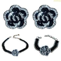 blg Handmade Black Crystal Choker Necklaces Earrings Bracelet for Women Elegant Camellia Necklaces Wedding Banquet Jewel 【JULY】