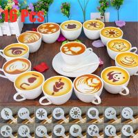 [Hot K] 16ชิ้น/เซ็ตสไตล์ผสมพลาสติกฉลุแต่งหน้ากาแฟลายฉลุกาแฟที่ปัดฝุ่นพิมพ์ทำเค้กแก้วกาแฟแบบทำมือศิลปะลายฉลุอุปกรณ์เสริมสำหรับชงกาแฟ