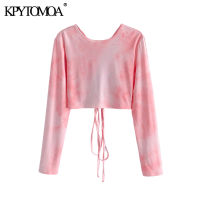 KPYTOMOA Women  Fashion With Tied Tie-dye Print Cropped Blouses Vintage Long Sleeve Backless Female Shirts Chic Tops