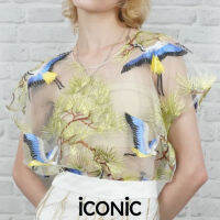 iCONiC QUEEN OF BIRD EMBROIDERY TOP #5478 เสื้อชีฟอง ทรงหลวม ปักลาย ดอกไม้ 3มิติ ขนาด ฟรีไซส์ อก 50"  ยาว 20"  เสื้อสั้น เสื้อปัก เสื้อแฟชั้น