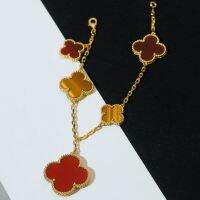 5ลวดลายหรูหราผิดปกติสีแดง Carnelian และเสือตาสี่ใบโคลเวอร์ดอกไม้เมจิก พู่วางลิงค์สร้อยข้อมือ18พันสีเหลืองทองชุบบน925เงิน