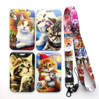 【CW】Fashion Cat Pattern Vertical ID Badge Holder Gift with Cute Neck Lanyard Strap for Women and Men ,capacity:2 Credit Cards