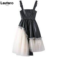 Lautaro Short Lace Patchwork Pu Leather Dress Women Spaghetti Strap Dress Soft Faux Leather Mini Overall Dresses for Women 2022 Wristbands