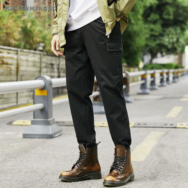 junpinmingbo-กางเกงยุทธวิธีสำหรับผู้ชาย-กางเกงผ้าคอตตอนนิ่มระบายอากาศได้ดีปักขาตรงเอวยางยืดกลางแจ้งกีฬาทำงานลำลองมี6กระเป๋ากางเกงยีนส์ขาบานสำหรับผู้ชาย