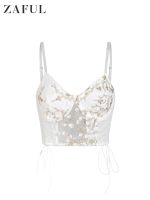 ZAFUL Floral Embroidered See Thru Lace Underwire Lace-up Crop Camisole Sexy for Women Fashion