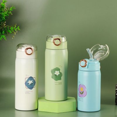 ♦▧ gsger Garrafa de água térmica com palha flores fofas copo aço inoxidável frasco vácuo para crianças caneca 420ml