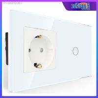 ❦◈ Bingoelec EU Standard 1/2/3Gang 1Way Touch Switch With 16A Germany Wall Socket Crystal Glass Panel sockets and switches