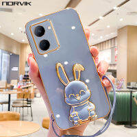 NORVIK เคสมือถือชุบโลหะสีฟ้าสุดหรูพร้อมเชือกผูกกระต่ายนำโชค,สายคล้องสำหรับ Realme 11 C53 Narzo GT C55 C33 10 9i C30 C30S 50i 3 50 C31 2T 50A C35 3T C25Y C21Y 8 C20 n1-2ปกปลอกอ่อน C15รุ่น Prime Pro Plus 4G 5G