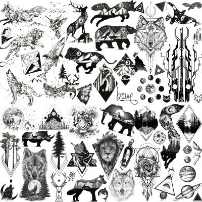 【YF】 Realistic Fake Black Animal Temporary Tattoos Sticker For Men Women Geometric Wolf Outer Space Tatoo Decal Kids