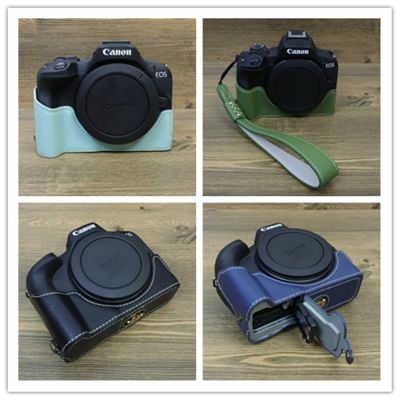 กระเป๋ากล้องหนัง PU แบบครึ่งตัวเคสแบบครึ่งตัวสำหรับ Canon EOS R50 EOSR50ฝาครอบป้องกันพร้อมสายคล้องมือ