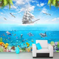 3d ปลาโลมาแล่นเรือใบแบบกำหนดเองวอลล์เปเปอร์รูปภาพใต้น้ำภาพการ์ตูนโลกห้องนั่งเล่นชุดตกแต่งห้องนอนเด็กสติ๊กเกอร์ตกแต่งผนัง