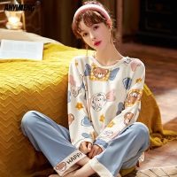 【LZ】▦  Pijama Kawaii feminino dos desenhos animados gola redonda manga comprida outono roupa de inverno loungewear fashion 100  algodão novo