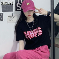 XIYUYI เสื้อยืด2023แขนสั้นดีไซน์ฉบับภาษาเกาหลีพิมพ์ลายแฟชั่นเสื้อลำลองหลวมเลกกิ้งลดอายุ