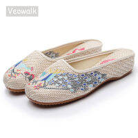 Veowalk นกยูงปักลินินสตรีปิดนิ้วเท้ารองเท้าแตะผู้หญิงแบบพื้นบาง Comfort นุ่มภาพนิ่งผู้หญิงย้อนยุครองเท้าแต่งลายปักจีนสีเบจ