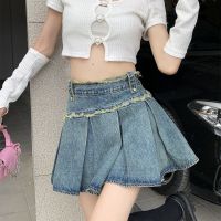 【CW】 Jean Skirts Students Sport Designer Raw Denim Pleated Skirt Female