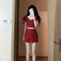 【Ready】? French style high-end red small fragrance suit womens summer chic square collar short top and hip skirt two-piece set