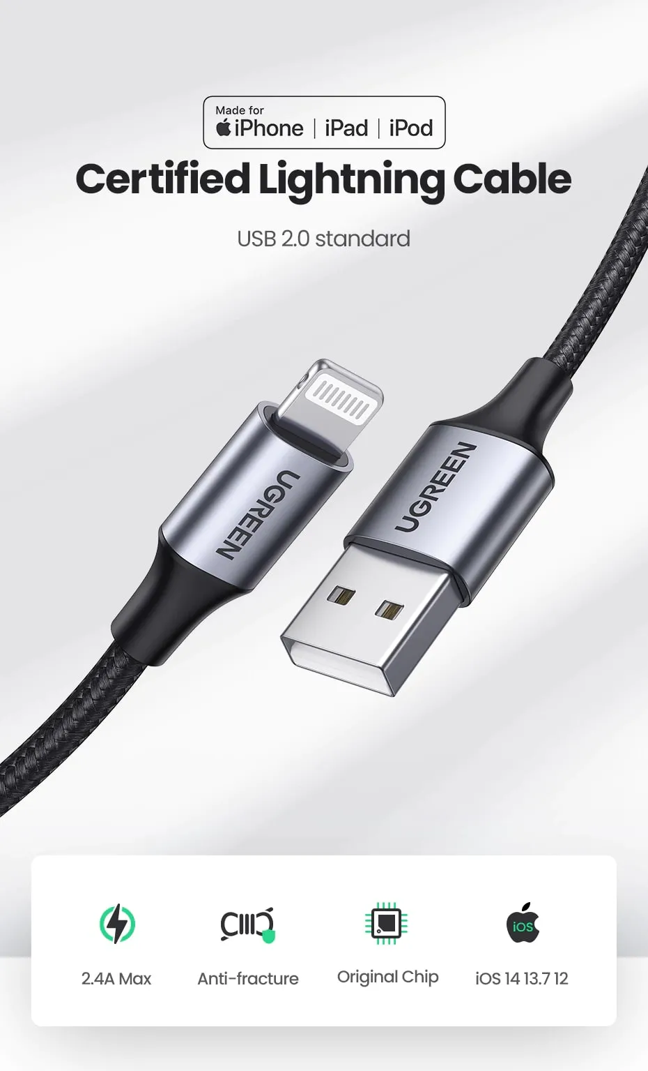 Cable Lightning to USB UGREEN 2.4A US199, 2m (silver) - ✓