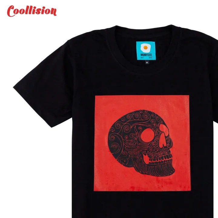 coollision-เสื้อยืดสกรีนลาย-หัวกะโหลกพื้นแดง-ผ้าcotton100-เสื้อสกรีน-เสื้อกะโหลก