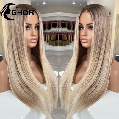 Highlight Wig Human Hair 360 Lace Frontal Full Lace Wigs For Women HD Transparent Straight Brown Roots Ash Blonde Brazilian Hair