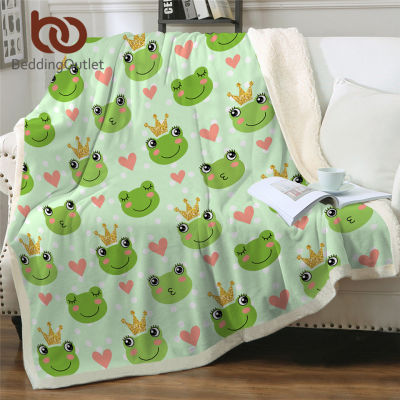 BeddingOutlet Cute Frog Sherpa Fleece Blanket Cartoon Bedding Golden Glittering Crown Custom Blanket Prince Fairy Tale Blanket